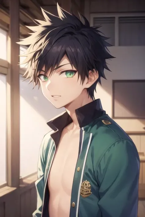 masterpiece, best quality, high quality, 1boy, solo, male focus, looking at viewer, upper body, <lora:tatsuya_bungo:0.52>, tatsuya_bungo, black hair, green eyes, spiked hair, ,