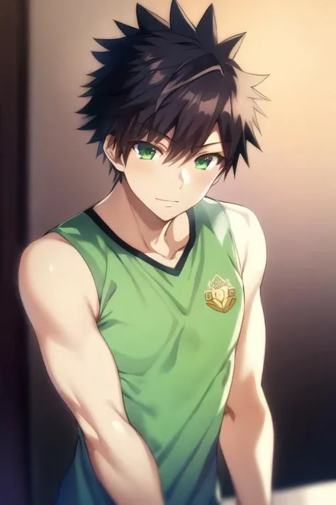 masterpiece, best quality, high quality, 1boy, solo, male focus, looking at viewer, upper body, <lora:tatsuya_bungo:0.58>, tatsuya_bungo, black hair, green eyes, spiked hair, , sportswear