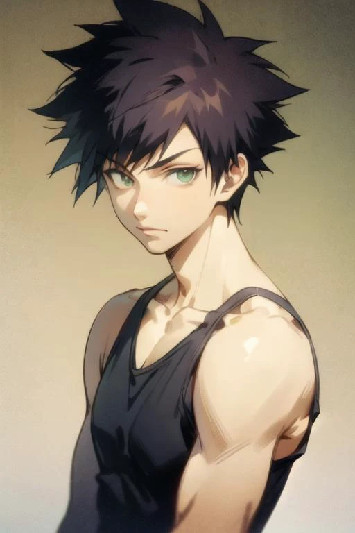 masterpiece, best quality, high quality, 1boy, solo, male focus, looking at viewer, upper body, <lora:tatsuya_bungo:0.70>, tatsuya_bungo, black hair, green eyes, spiked hair, realistic, tank top