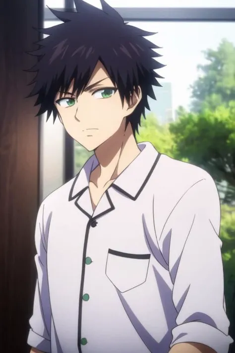 masterpiece, best quality, high quality, 1boy, solo, male focus, looking at viewer, upper body, <lora:tatsuya_bungo:0.70>, tatsuya_bungo, black hair, green eyes, spiked hair, , pajamas