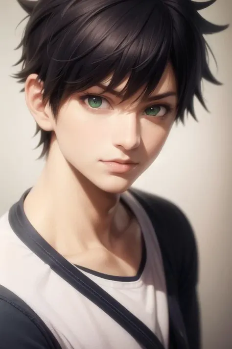 masterpiece, best quality, high quality, 1boy, solo, male focus, looking at viewer, upper body, <lora:tatsuya_bungo:0.56>, tatsuya_bungo, black hair, green eyes, spiked hair, realistic,