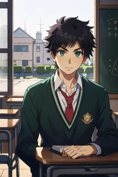 masterpiece, best quality, high quality, 1boy, solo, male focus, looking at viewer, upper body, <lora:tatsuya_bungo:0.56>, tatsuya_bungo, black hair, green eyes, spiked hair, , school uniform