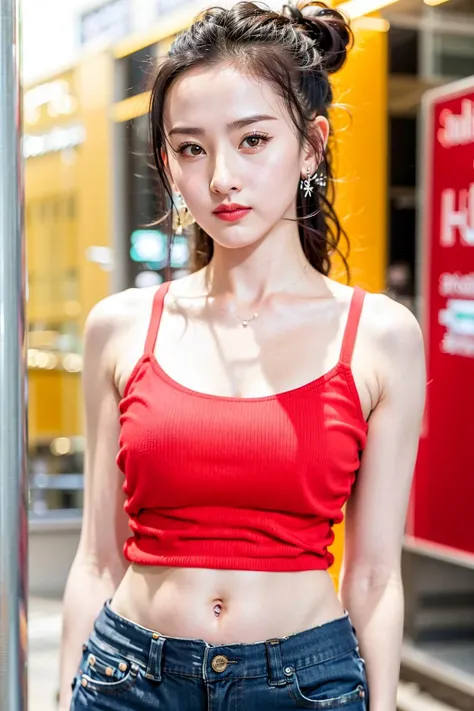 masterpiece, best quality, 1girl, aqua eyes, black hair, closed mouth, earrings, multicolored background, jewelry, looking at viewer,  double bun, outdoors, solo, upper body,  ((perfect female figure)) narrow waist, chinese deity, looking at viewer, seductive posture, sexy pose, alluring, clean, beautiful face, pure face, pale skin, ((tube top, shorts,navel)), smile,