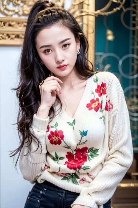 masterpiece, best quality, 1girl, aqua eyes, black hair, closed mouth, earrings, multicolored background, jewelry, looking at viewer,  long hair, outdoors, solo,  ((perfect female figure)) narrow waist, chinese deity, looking at viewer, seductive posture, sexy pose, alluring, clean, beautiful face, pure face, pale skin, (( sweater,  )), smile,