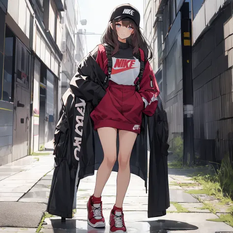 1girl, wearing sneakers, Nike Air Force 1's, With cherry blossom designs, white pink and red shoes, dynamic pose, fashion model pose, wearing street gear <lora:Niji_Style:0.7>