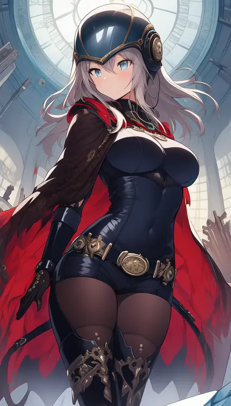 masterpiece, best quality, ultra-detailed, illustration, 1girl, solo, fisheye lens, from front, frozen wasteland, ice palace, clockworkpunk, fitted leather bodysuit with intricate metallic details and gears, flowing cape made of silk, thigh-high boots with metal accents, leather gloves, helmet adorned with clockwork details, red braids, <lora:Niji_Style:0.7>