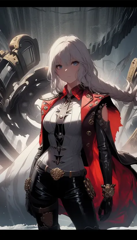 masterpiece, best quality, ultra-detailed, illustration, 1girl, solo, fisheye lens, from front, frozen wasteland, ice palace, clockworkpunk, fitted leather bodysuit with intricate metallic details and gears, flowing cape made of silk, thigh-high boots with metal accents, leather gloves, helmet adorned with clockwork details, red braids, <lora:Niji_Style:0.7>