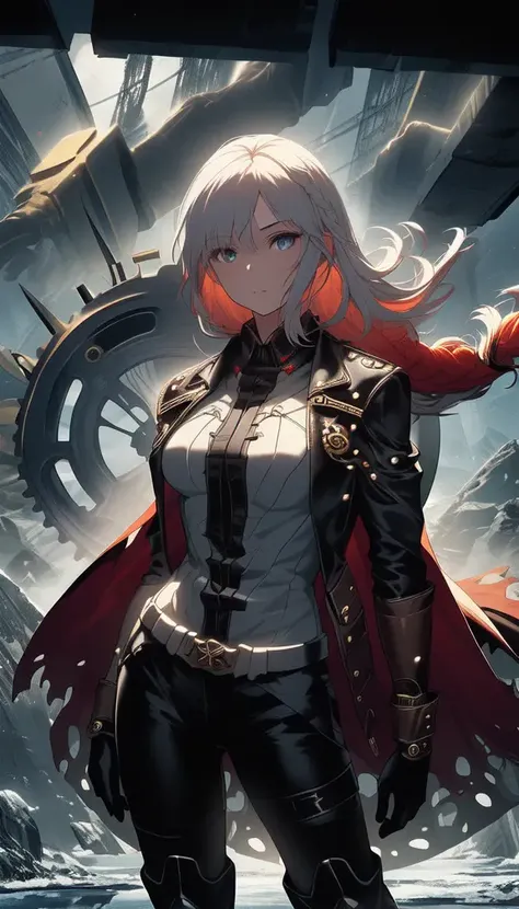 masterpiece, best quality, ultra-detailed, illustration, 1girl, solo, fisheye lens, from front, frozen wasteland, ice palace, clockworkpunk, fitted leather bodysuit with intricate metallic details and gears, flowing cape made of silk, thigh-high boots with metal accents, leather gloves, helmet adorned with clockwork details, red braids, <lora:Niji_Style:0.7>