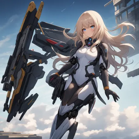 "1girl, blonde hair, blue eyes, long hair, mecha musume, mech body, robot girl michael f91, seisenshi dunbine, solo, ((a girl falling in the sky, above the clouds)) <lora:Niji_Style:0.7>