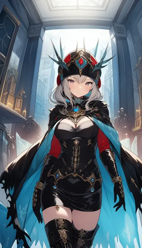 masterpiece, best quality, ultra-detailed, illustration, 1girl, solo, fisheye lens, from front, frozen wasteland, ice palace, clockworkpunk, fitted leather bodysuit with intricate metallic details and gears, flowing cape made of silk, thigh-high boots with metal accents, leather gloves, helmet adorned with clockwork details, red braids, <lora:Niji_Style:0.7>