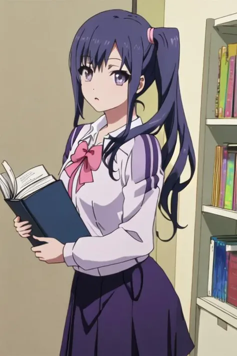 best quality, masterpiece, highres, solo, {imai_midori_shirobako:1.15}, long_hair, blue_hair, side_ponytail, 1girl, bow, purple_eyes, purple_hair, school_uniform, book