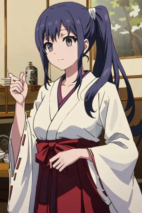 best quality, masterpiece, highres, solo, {white kimono:1.35}, {red hakama:1.35}, {wide sleeves:1.20}, {imai_midori_shirobako:1.15}, long_hair, blue_hair, side_ponytail