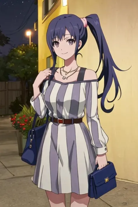 best quality, masterpiece, highres, solo, {imai_midori_shirobako:1.15}, long_hair, blue_hair, side_ponytail, 1girl, bag, belt, jewelry, necklace, smile, handbag, night, black_eyes
