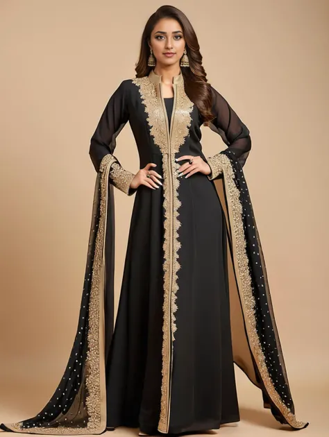professional portrait photo, fully dressed, beautiful, 25-year-old, wearing elegant Abaya Style Suit, flat matte background, desi