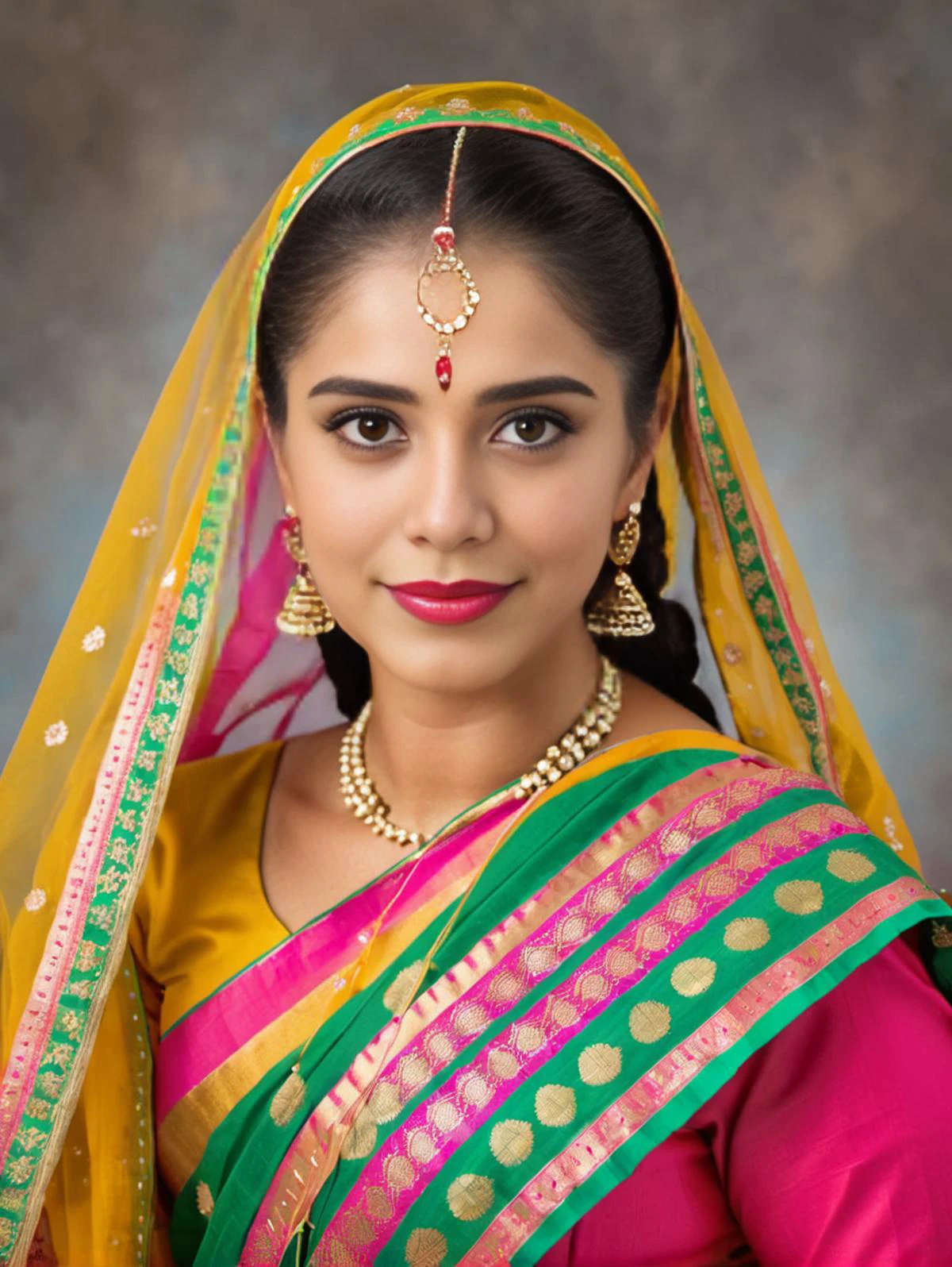 professional portrait photo, fully dressed, pretty, 25-year-old, wearing elegant Mekhela Chador (Assamese traditional attire),  flat matte background, desi