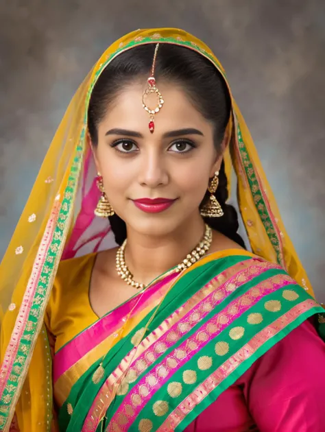 professional portrait photo, fully dressed, pretty, 25-year-old, wearing elegant Mekhela Chador (Assamese traditional attire),  flat matte background, desi