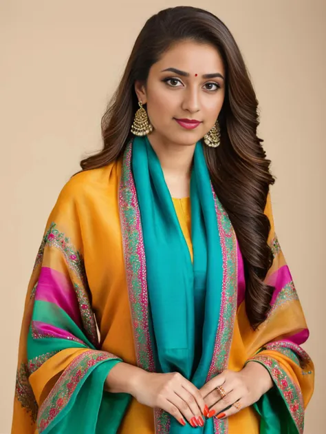 professional portrait photo, fully dressed, stunning looking, 25-year-old, wearing colorful Kashmiri Pashmina Suit, flat matte background, desilatte