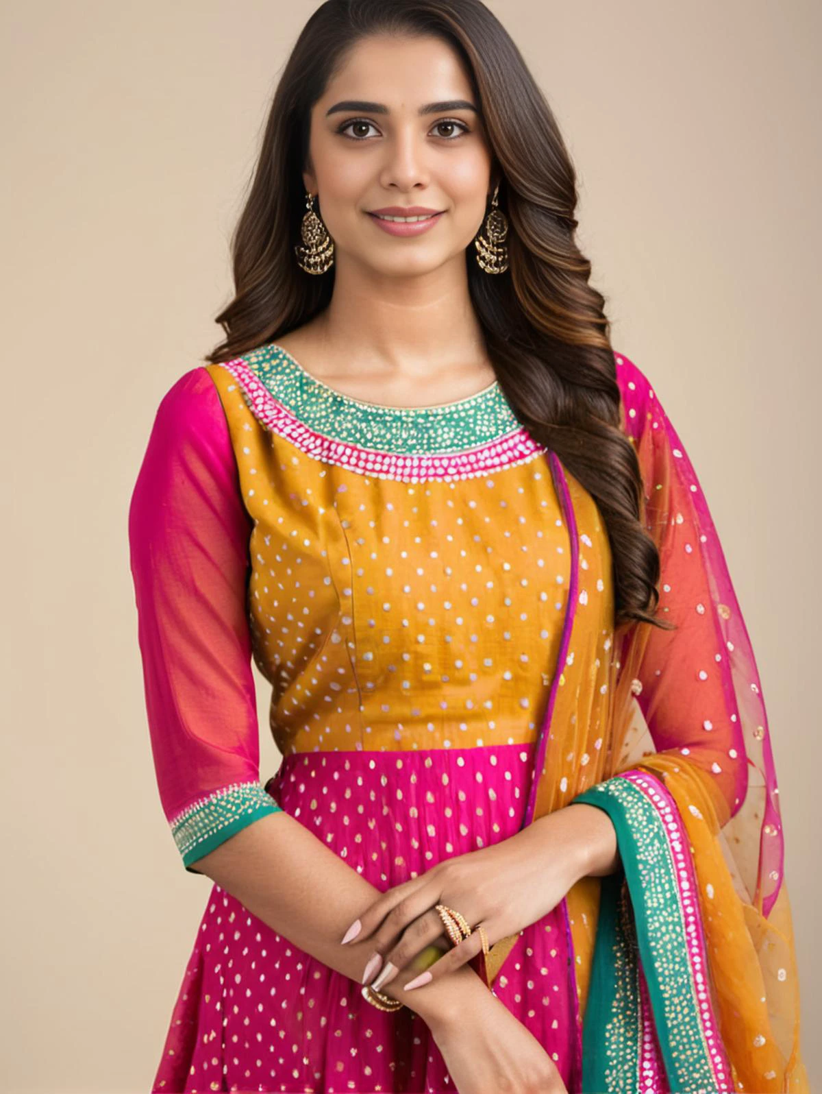 professional portrait photo, fully dressed, plain, 25-year-old, wearing elegant Bandhani Dress, flat matte background, desi