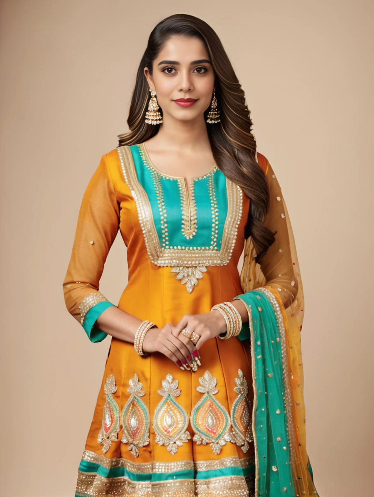 professional portrait photo, fully dressed, pretty, 25-year-old, wearing intricate Gota Patti Suit (Rajasthani embellished dress), flat matte background, desiespresso