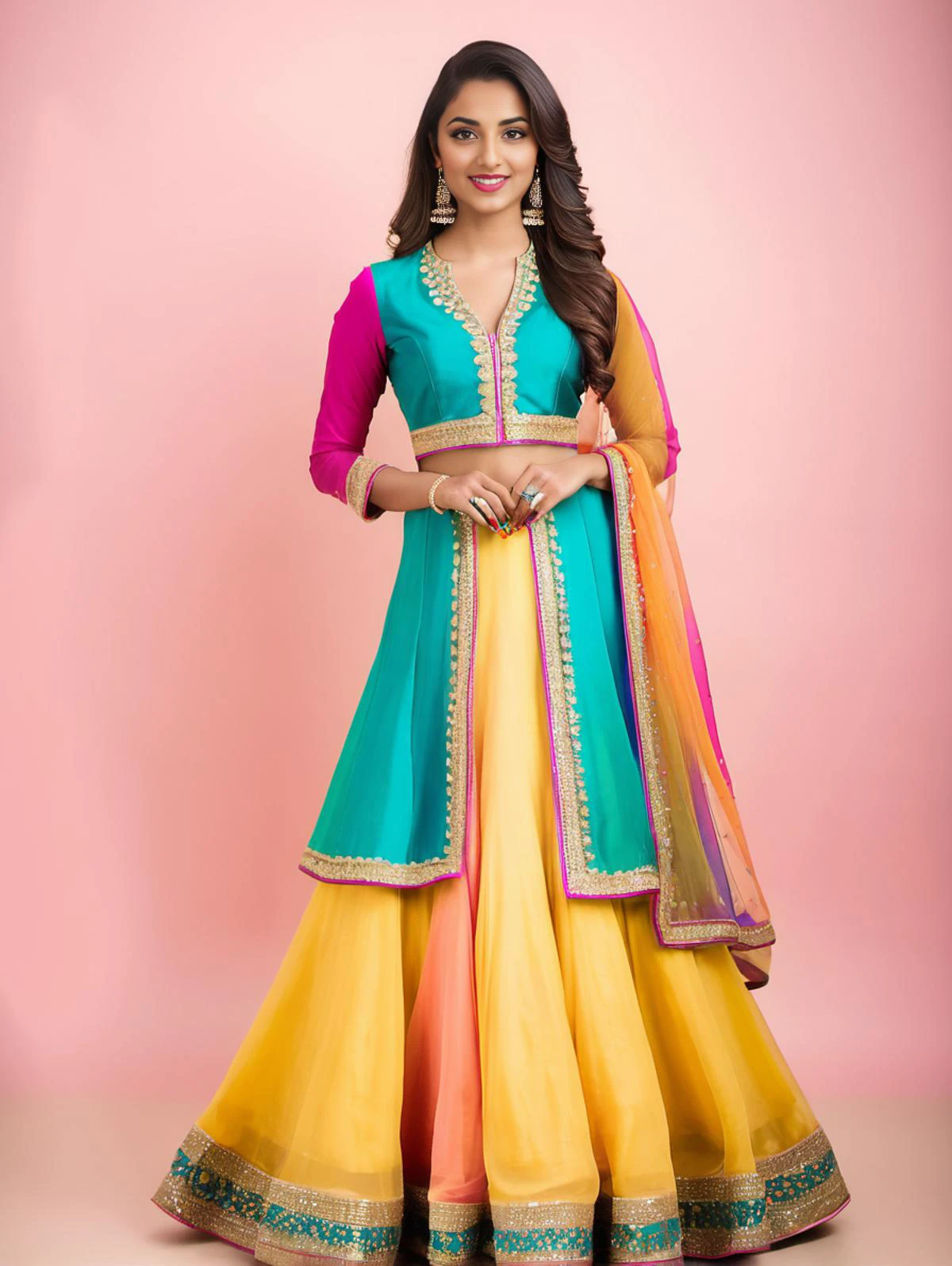professional portrait photo, fully dressed, plain, 25-year-old, wearing colorful Indo-Western Gown, flat matte background, desimocha
