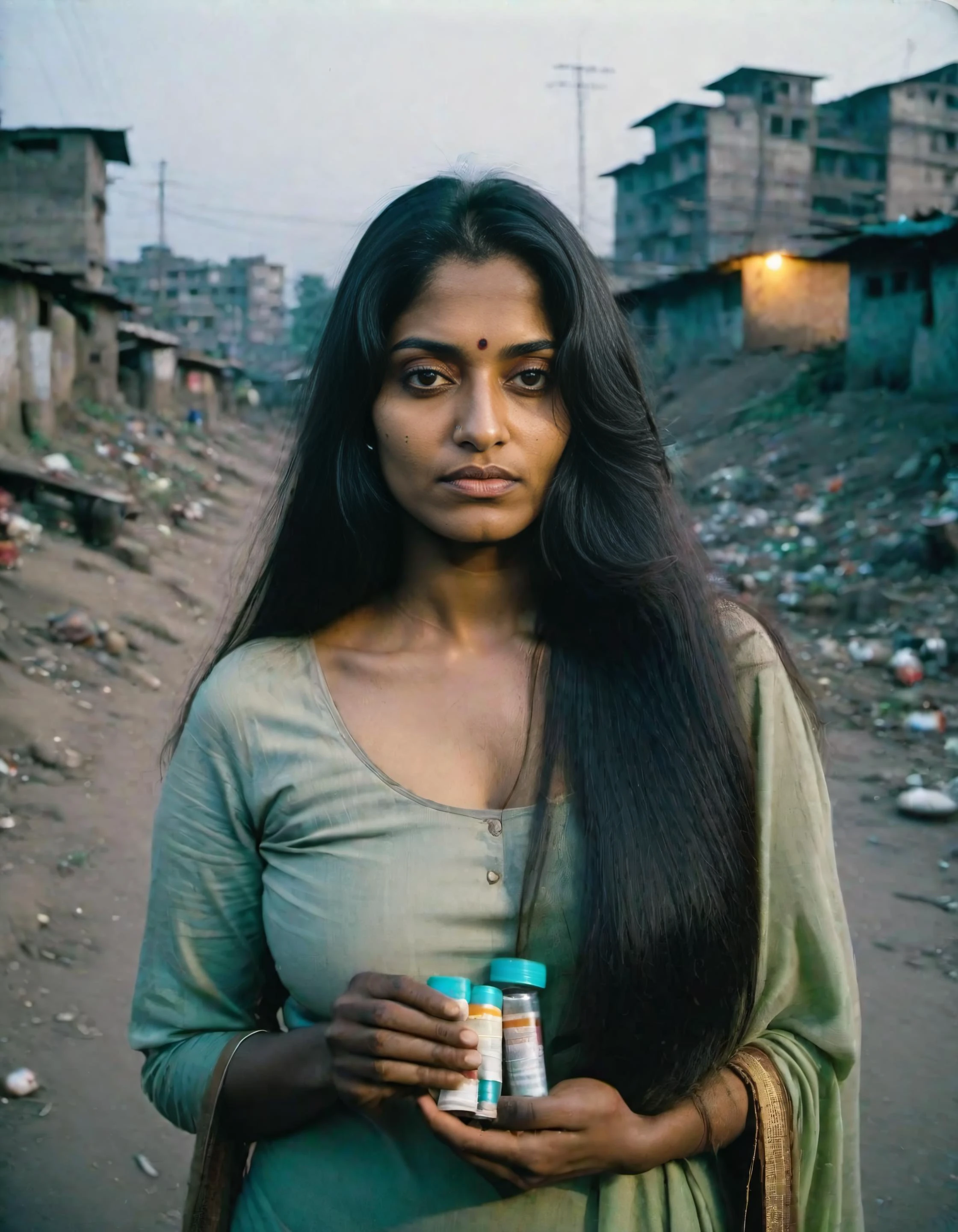 dimly lit analog photo at dusk, desimocha:0.5 woman holding medicine pills, with long haircut with straight hair, rubenesque figure, 35 mm film camera, dark Indian slum