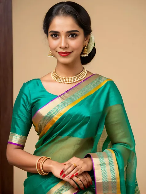 professional portrait photo, fully dressed, plain, 25-year-old, wearing elegant Bomkai Saree (Odisha traditional saree), flat matte background, desimocha