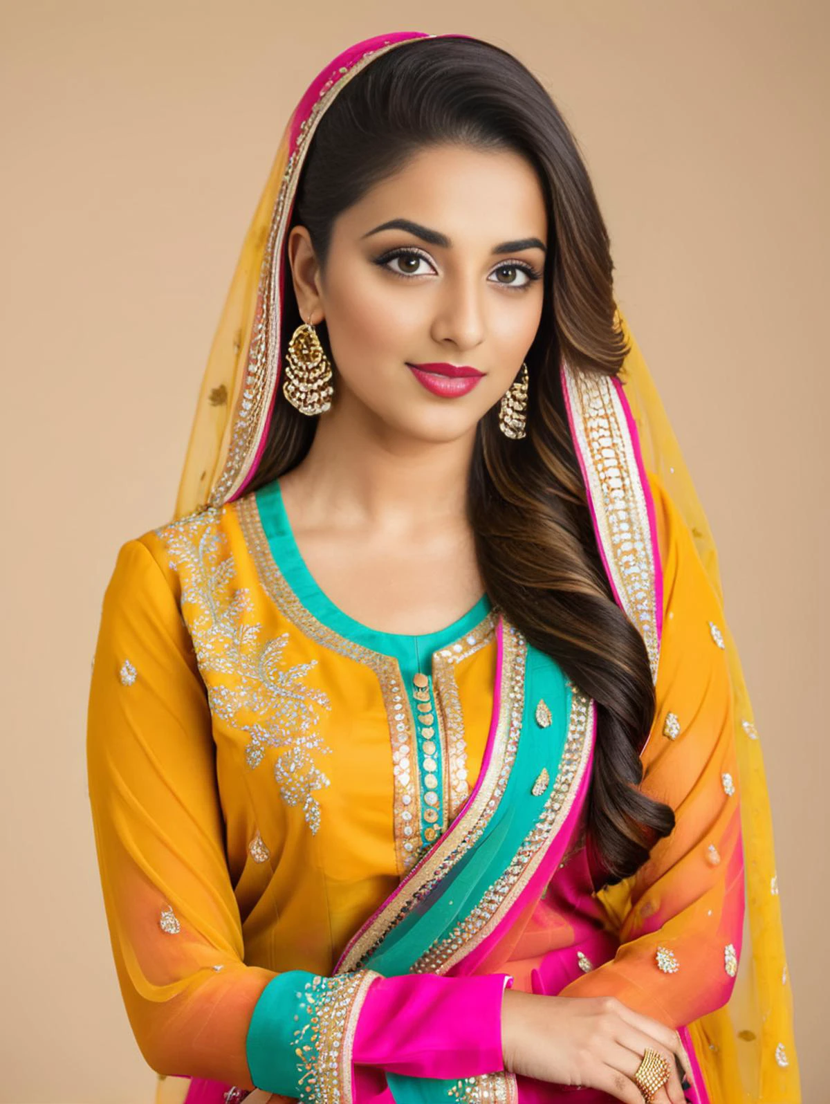 professional portrait photo, fully dressed, stunning looking, 25-year-old, wearing colorful Punjabi Suit, flat matte background, desimocha