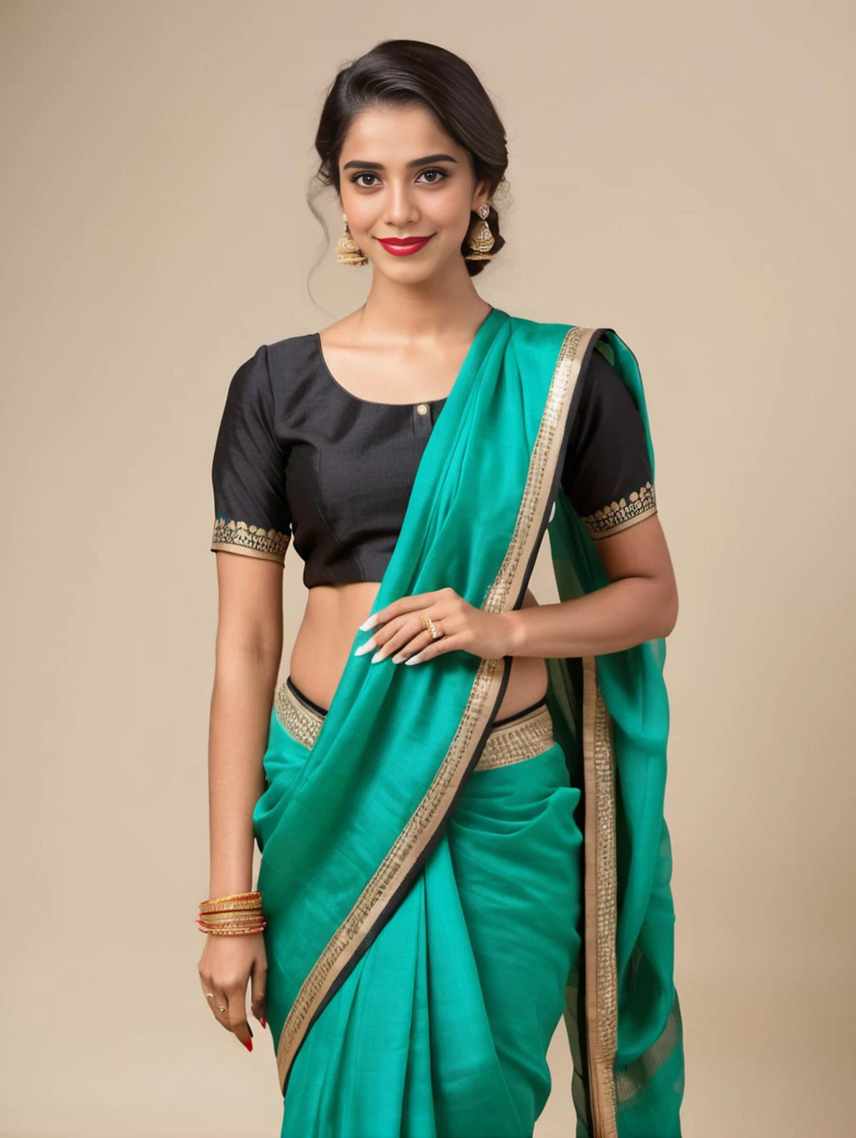 professional portrait photo, fully dressed, plain, 25-year-old, wearing elegant Dhoti Saree, flat matte background, desi