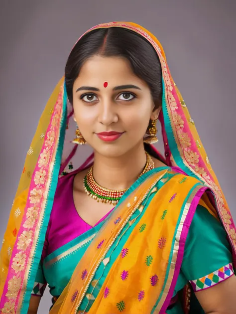 professional portrait photo, fully dressed, plain, 25-year-old, wearing colorful Mekhela Chador (Assamese traditional attire),  flat matte background, desi