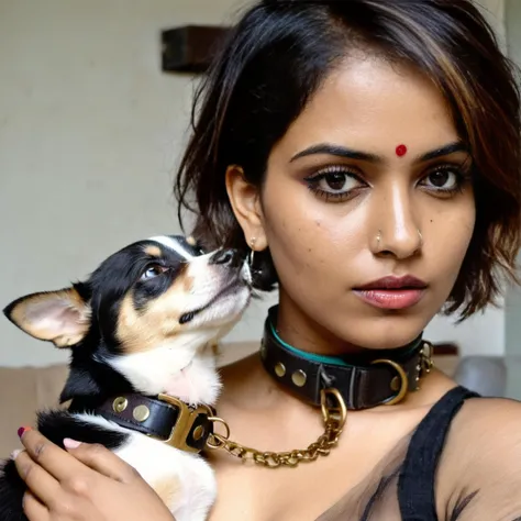 desimocha woman, Edhitha Shiromani, messy short hair, (( lip biting, seductive )), wearing dog collar in neck, puppy in hand, looking a viewer, forlorn expression