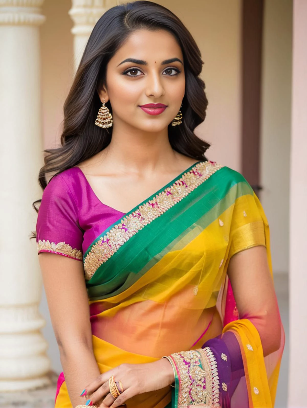 professional portrait photo, fully dressed, pretty, 25-year-old, wearing colorful Saree, flat matte background, desilatte