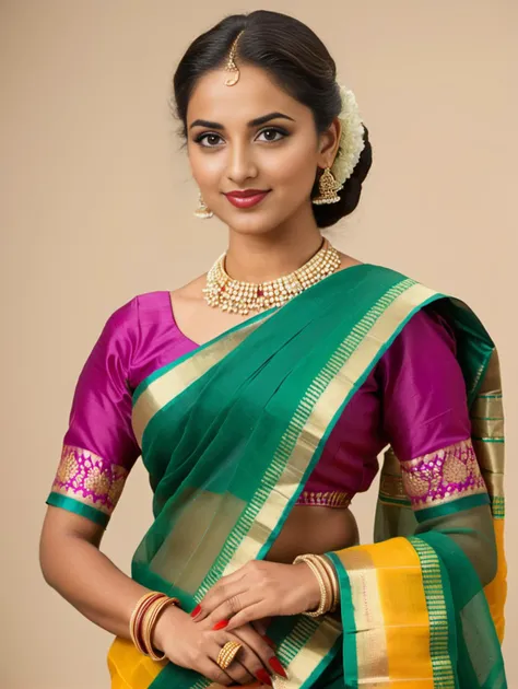 professional portrait photo, fully dressed, pretty, 25-year-old, wearing elegant Bomkai Saree (Odisha traditional saree), flat matte background, desi