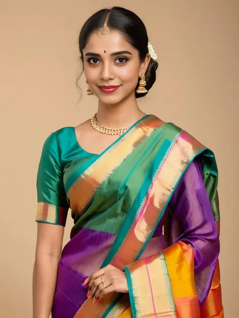 professional portrait photo, fully dressed, plain, 25-year-old, wearing colorful Banarasi Silk Saree, flat matte background, desiespresso