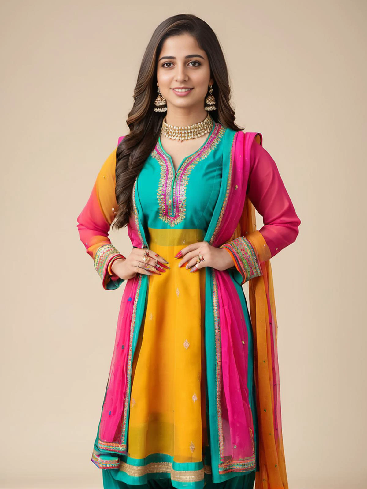 professional portrait photo, fully dressed, pretty, 25-year-old, wearing colorful Punjabi Suit, flat matte background, desilatte