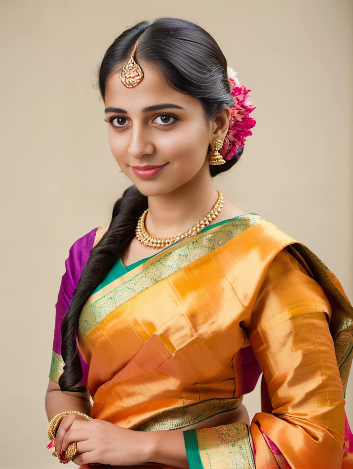 professional portrait photo, fully dressed, beautiful, 25-year-old, wearing elegant Kanjeevaram Silk Saree, flat matte background, desi