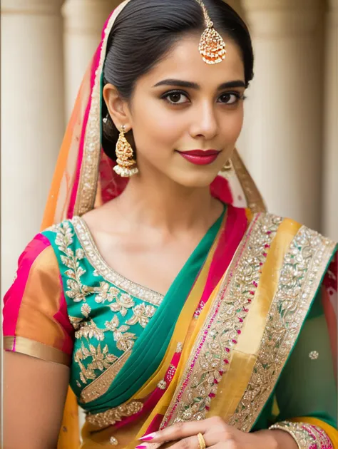 professional portrait photo, fully dressed, beautiful, 25-year-old, wearing intricate Saree,  flat matte background, desimocha