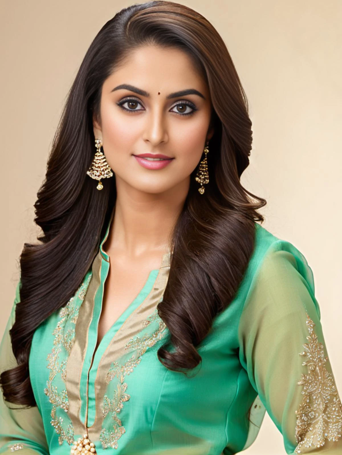 professional portrait photo, fully dressed, stunning looking, 25-year-old, wearing elegant Salwar Kameez, flat matte background, desilatte