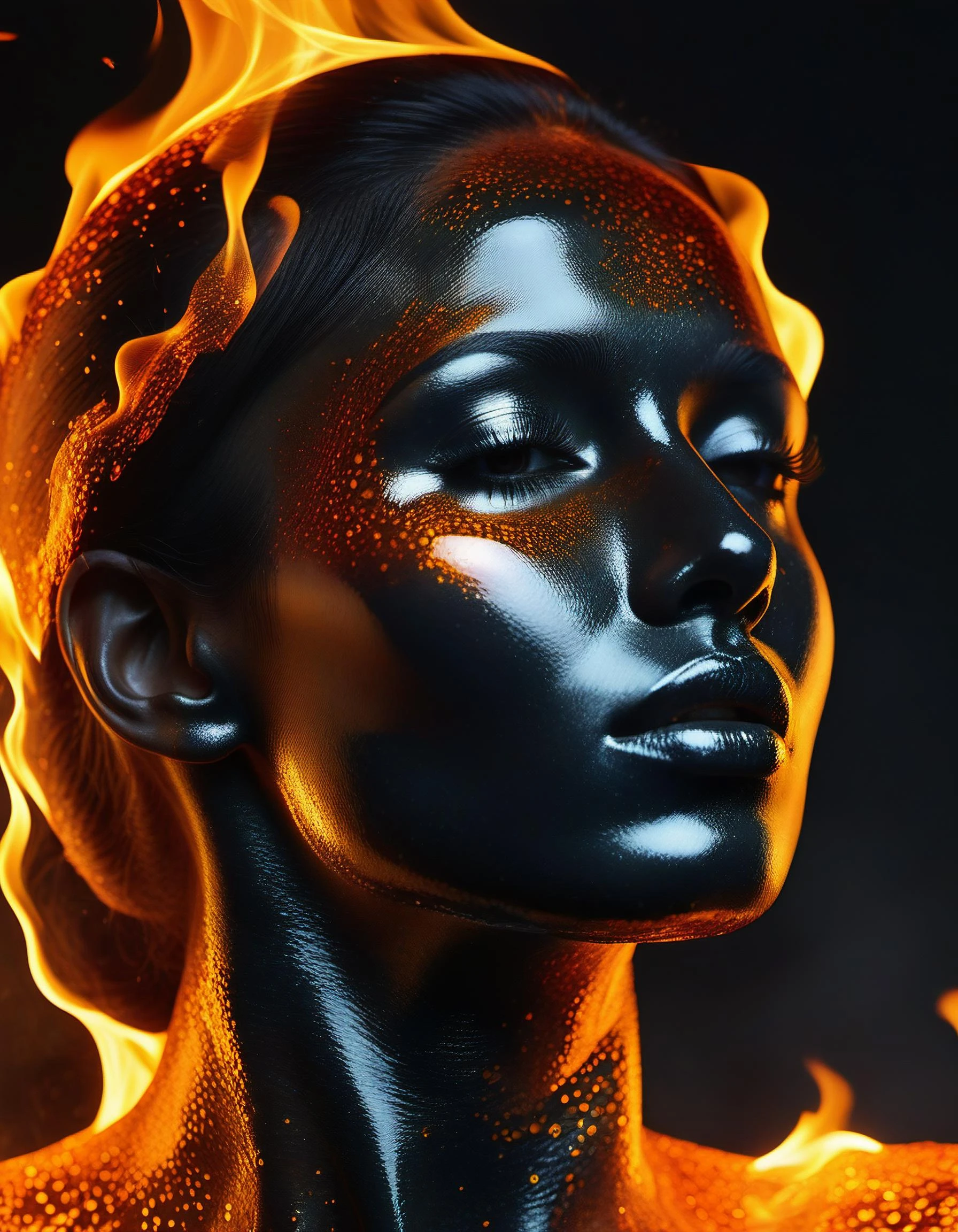 high resolution, molten glass desilatte woman with transparent skin made of glass emerging out of a vat full of molten glass and fire, zoomed out
