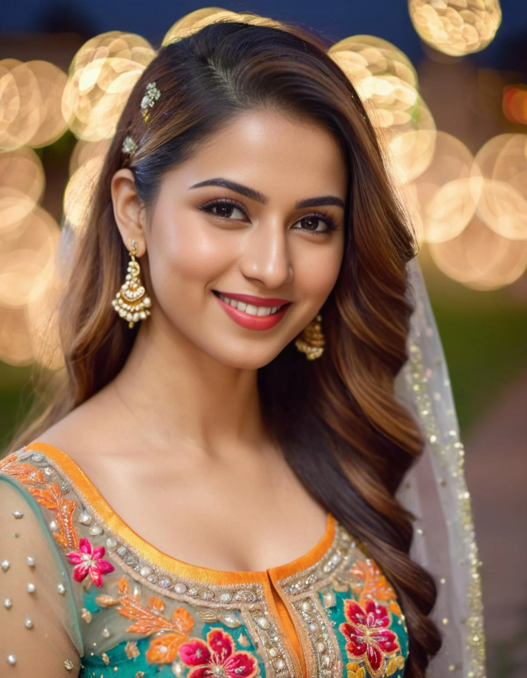 hires headshot photo of a beautiful 25 -year-old desilatte woman, smiling, embroidered ethnic dress, dynamic pose, highly textured skin, outdoors night time, background bokeh