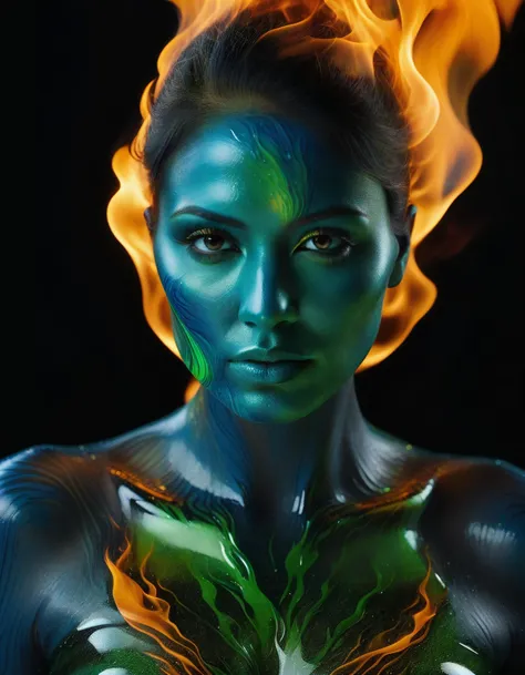 high resolution, half body, molten glass desilatte woman with transparent skin made of glass emerging out of a vat full of molten glass and fire, blue orange and green flames, zoomed out