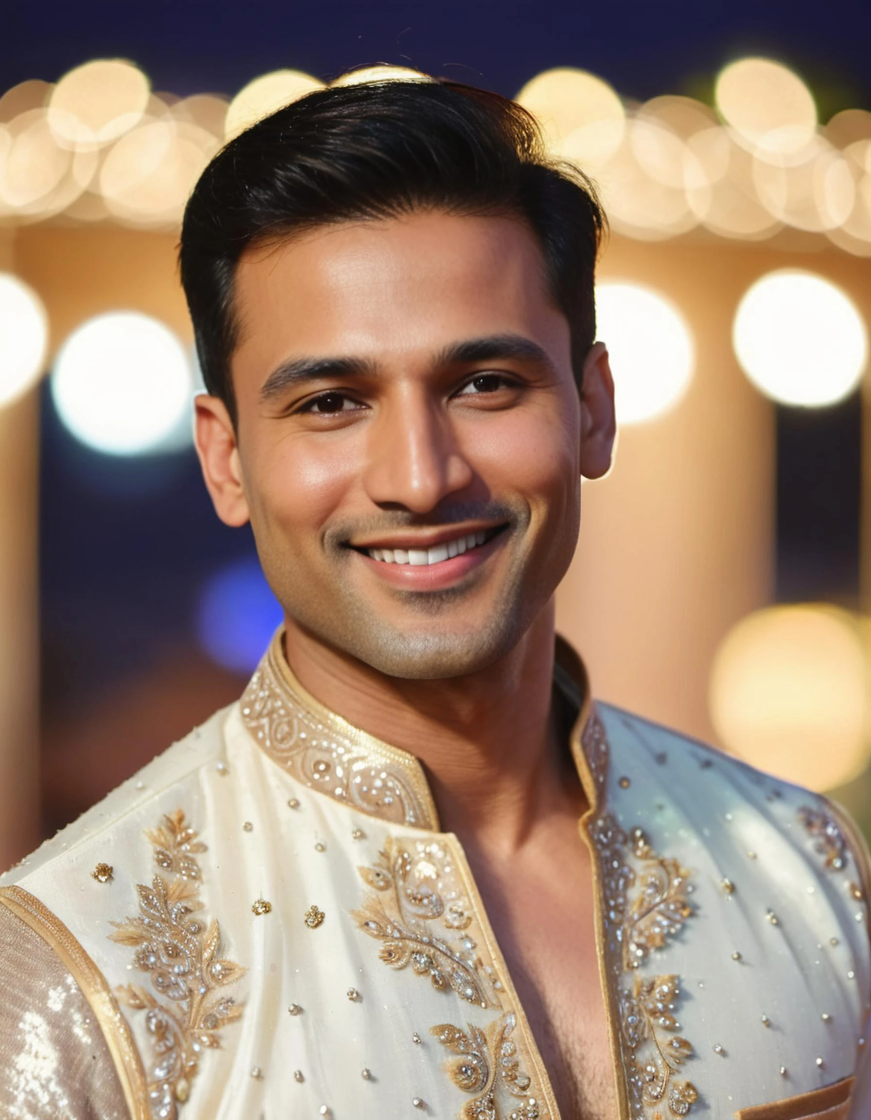 hires headshot photo of a beautiful 35 -year-old desilatte man, smiling, embroidered ethnic dress, dynamic pose, highly textured skin, outdoors night time, background bokeh