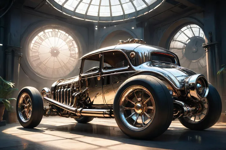 poster, cyberpunk steampunk car of elaborate design, large wheels, polished chrome, cinematic backlighting, magical deep shadows, ultra-realism