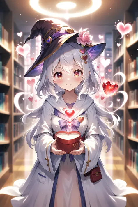 cute girl, wizard hat, robe, valentine, holding heart shaped box, incoming gift, happy, library, bloom effect, light particles, transparent, translucent, bokeh, depth of field