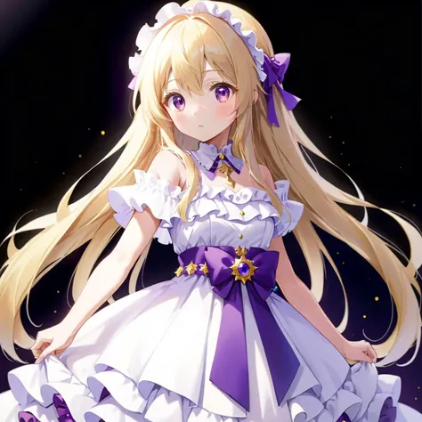 Anime, (Frills:0.9), (Purple belt:0.9), Long hair, Blonde, 1girl, masterpiece, best quality, White dress, Layer, Solo, Long dress, (Small breast:1.1)