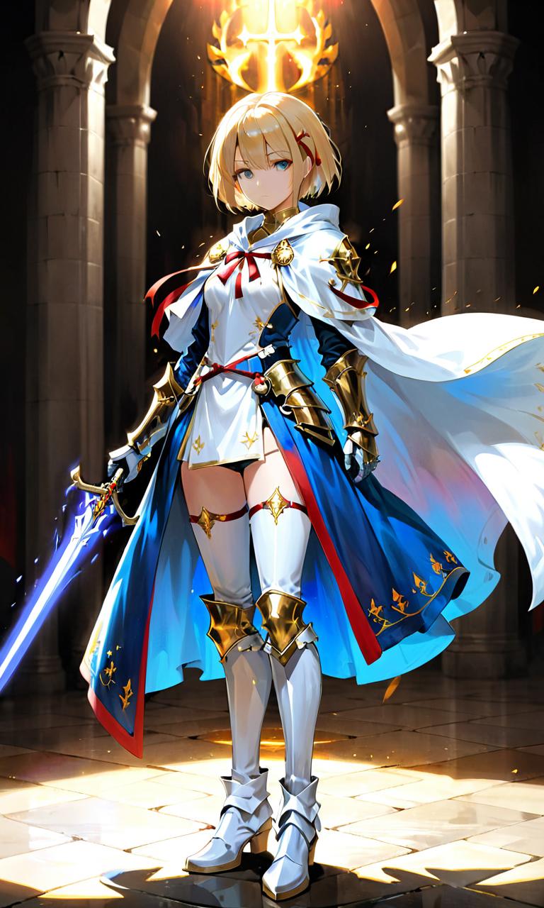A woman in a white dress holding a sword and a blue cape - SeaArt AI