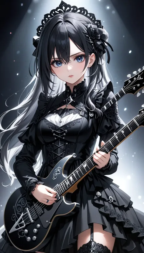 swedish metal rock girl holding a guitar, intense stare into camera, with gothic make-up, intricate details, highly detailed eyes, fancy hair and dark gothic dress, flash photo, on stage, intricate details
