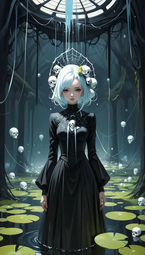 spiderwebs, skulls, wallpaper, there is ugliness in beauty, but there is also beauty in ugliness. desolate, abstract, surrealistic, cotton candy, swamp, funeral, futuristic,in the style of adrian ghenie, esao andrews, jenny saville, edward hopper, surrealism, dark art by james jean, takato yamamoto, inkpunk minimalism