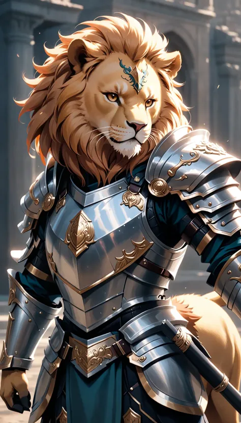 a lion in armor poses for a picture, cinematic close shot