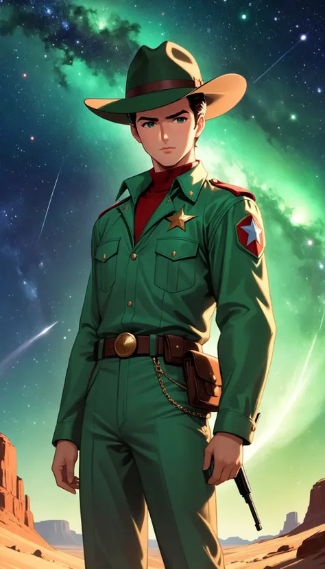 a cover for a comic book, a comic book cover about all space cowboy, 1 cowboy wearing a hat in the style of amazing stories, 1940s 1950s, red and green, comic art, realistic genre scenes, romanticized realism dynamic