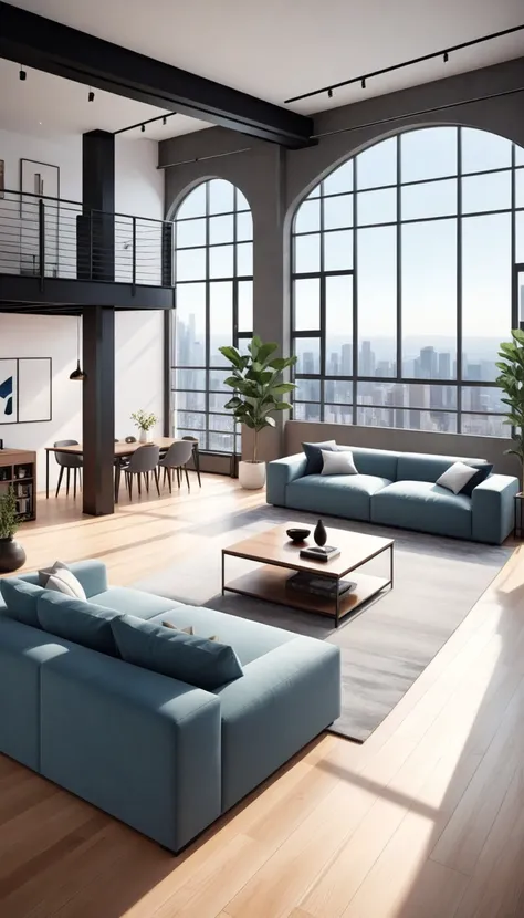 real estate photography style of a modern loft, professional, inviting, well-lit, high-resolution, property-focused, commercial, highly detailed